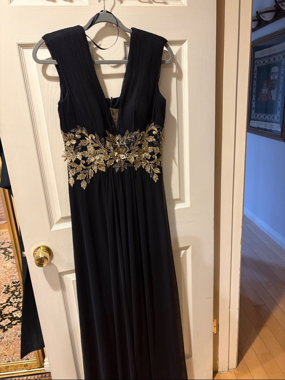 Betsy & Adam Black Maxi Dress with Gold Floral Embroidery